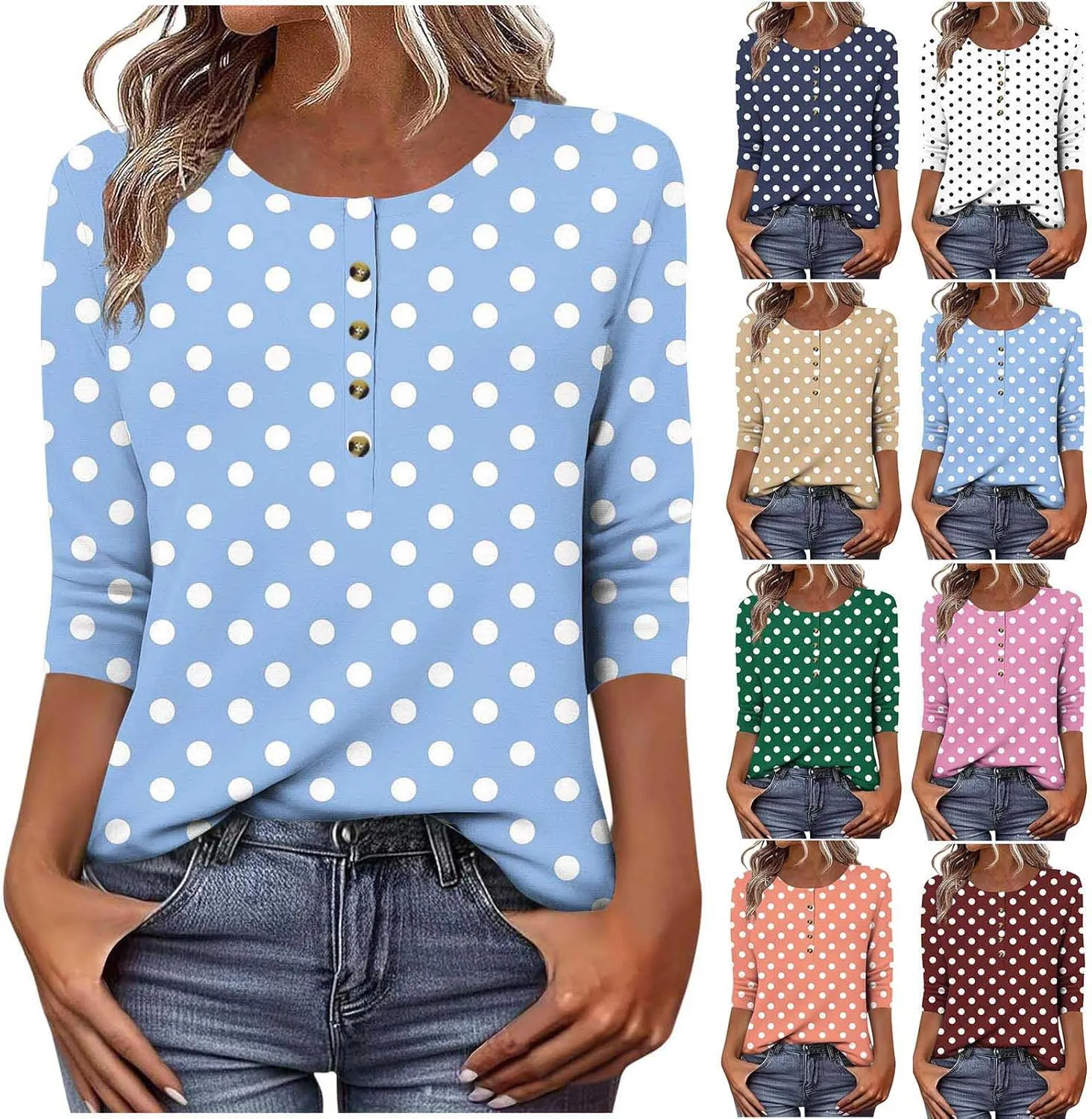 Crew Neck 3/4 Sleeve Shirt for Women 2025 Casual Summer Button Down Tops Fashion Print Loose Fit Going Out Blouse