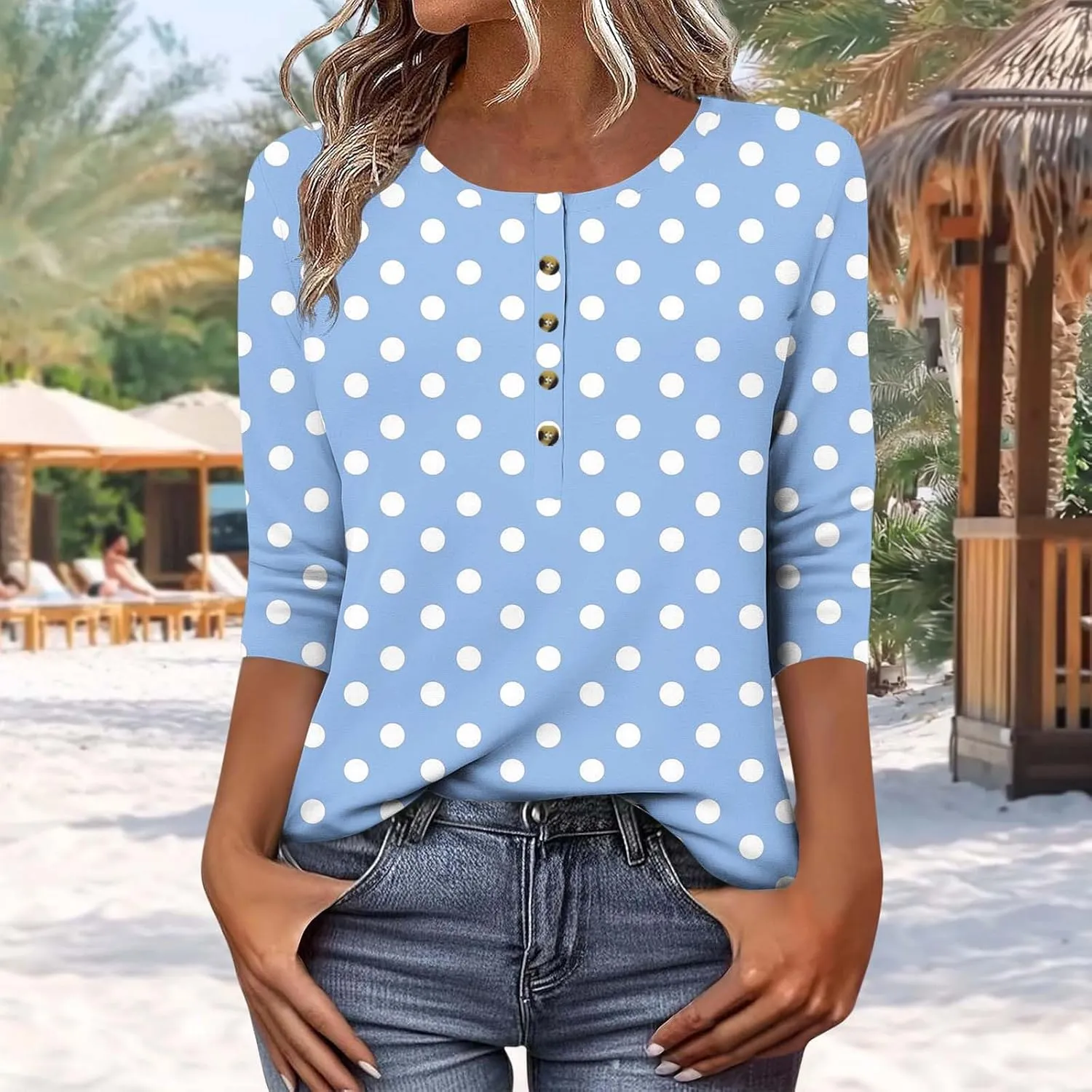 Crew Neck 3/4 Sleeve Shirt for Women 2025 Casual Summer Button Down Tops Fashion Print Loose Fit Going Out Blouse