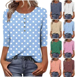 Crew Neck 3/4 Sleeve Shirt for Women 2025 Casual Summer Button Down Tops Fashion Print Loose Fit Going Out Blouse