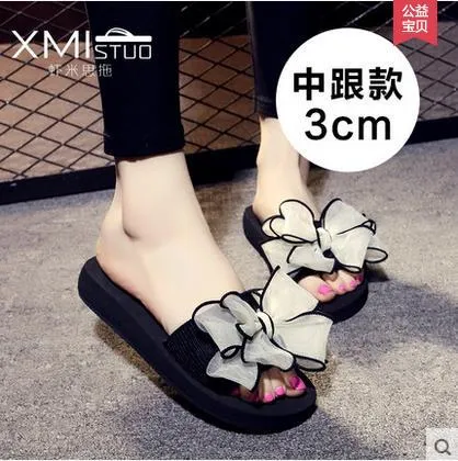Summer Slipper Slides with Silky Bow for Women