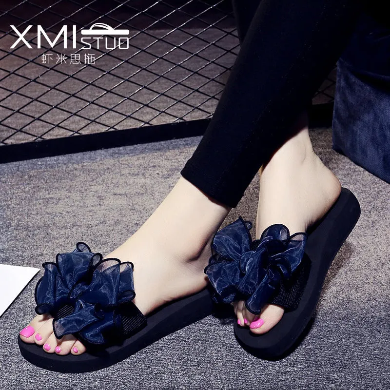Summer Slipper Slides with Silky Bow for Women