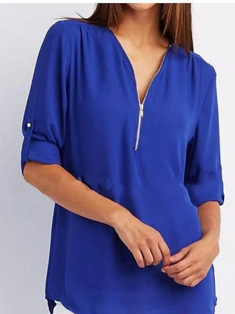 V Neck Zipper Women's Blouse Shirt for Summer